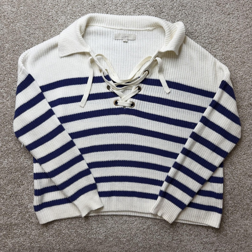 LOFT Sweater Womens Large White Striped Collared Lace-Up Nautical Knit Pullover